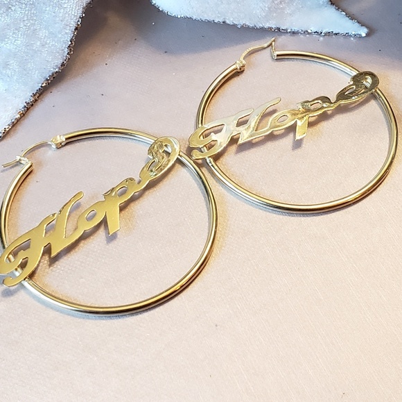 Sterling Silver Gold Tone "Hope" Hoop Earrings - Picture 5 of 7